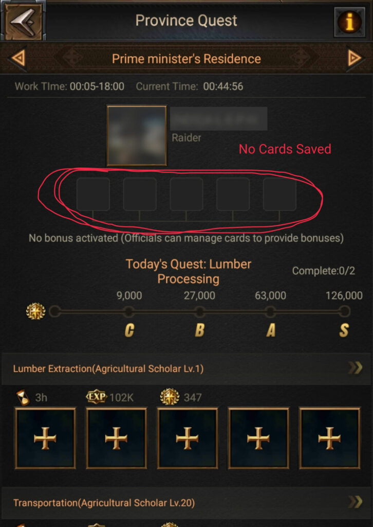province quests - example of unsaved cards