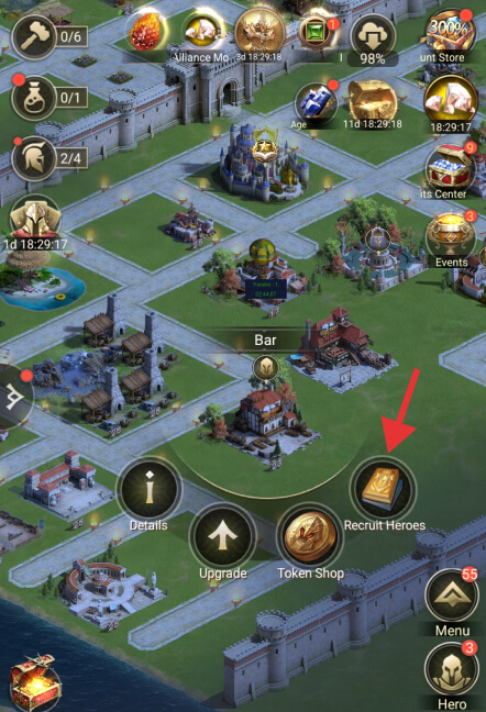 The bar building and recruit heroes option in Rise of Empires