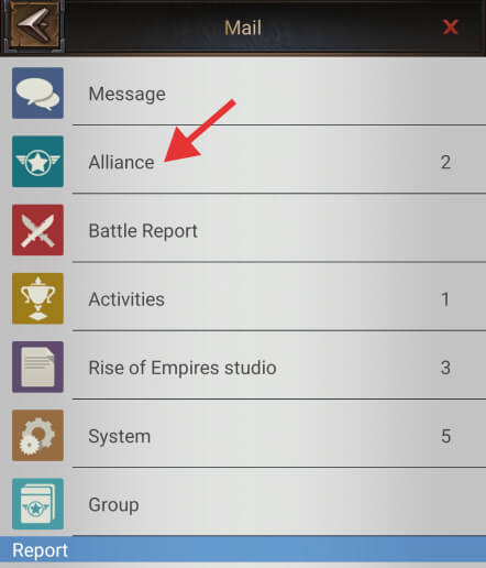 Alliance tab in the Rise of Empires game mail