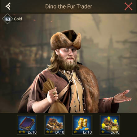 Dino the Fur Trader - Developing blue hero with gold skills Rise of Empires