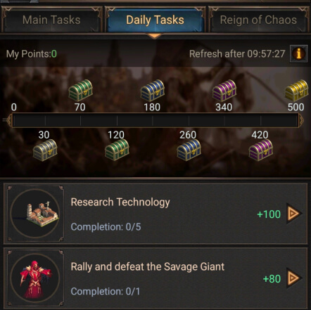 The daily tasks list in Rise of Empires: Ice and Fire