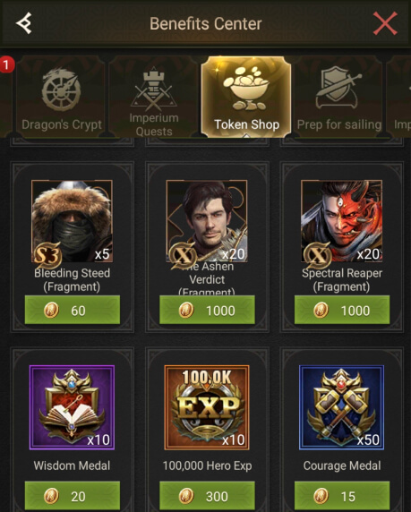 Hero Exp, Wisdom Medals and Courage Medals inside Token Shop in Rise of Empires