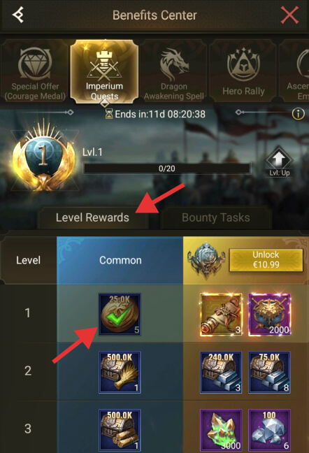 Imperium Quests event in the Benefits Center - Level Rewards