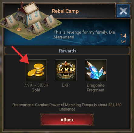 Rebel Camp gold rewards