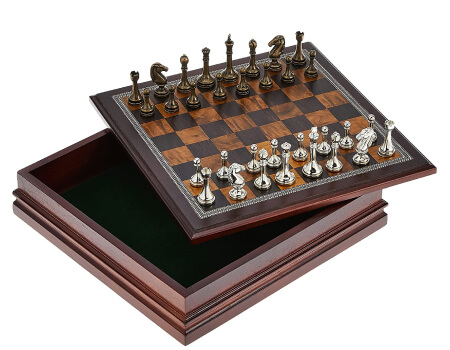 Metal Chess Set with Deluxe Wood Board and Storage