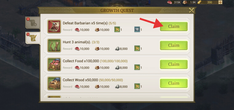 Claiming Growth Quest rewards