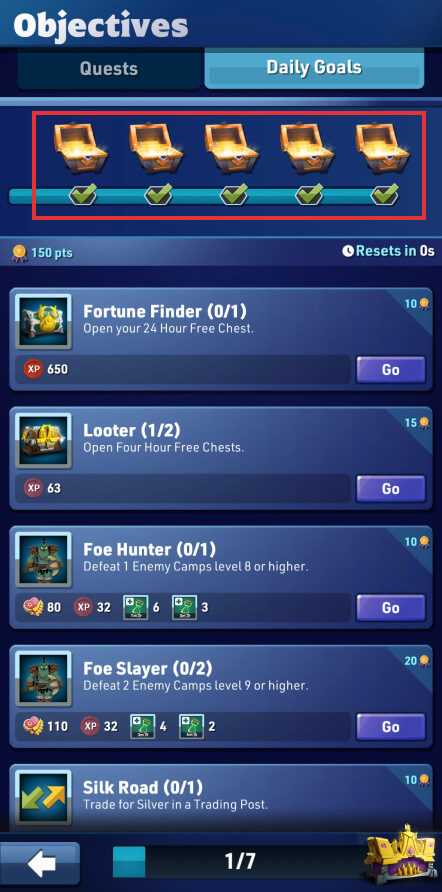 Completed Daily Goals and claimed 5 chests rewards