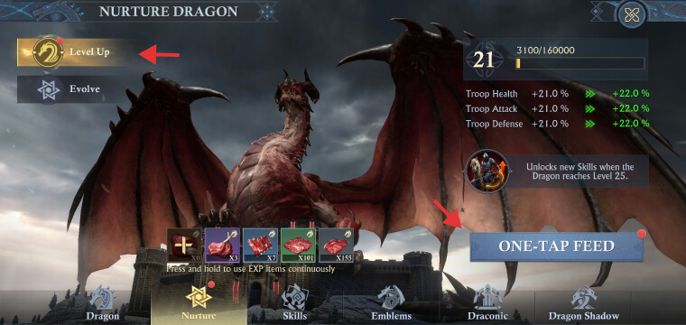 Feeding and leveling up the dragon in King of Avalon
