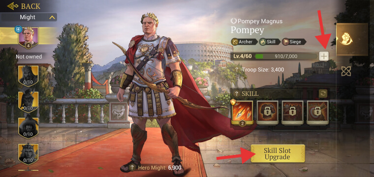 Upgrading the hero level and skill slot in Game of Empires