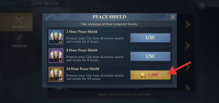 Buying a 24-hour Peace Shield using 1000 Gold in King of Avalon