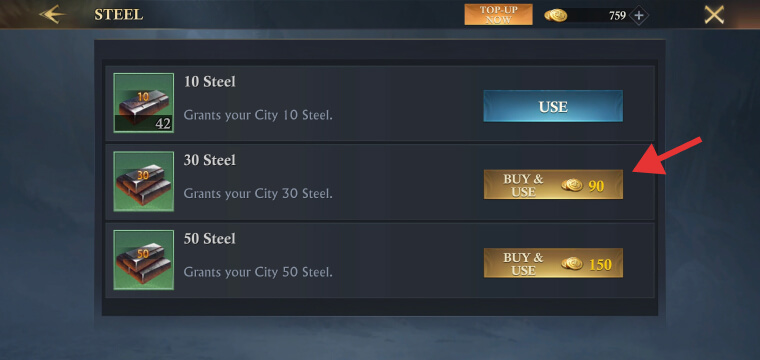 Purchasing 30 Steel bars with 90 gold for crafting equipment