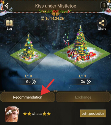 The Kiss under Mistletoe activity interface in Snow Festival, and the Recommendation tab