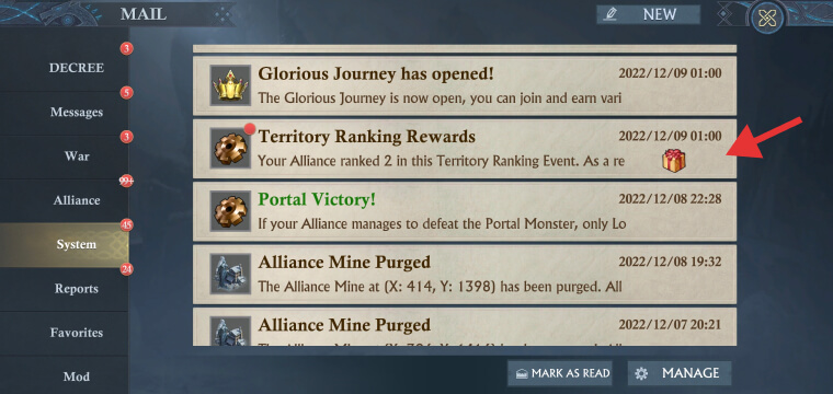 System and Alliance mail rewards in King of Avalon Frost and Flame