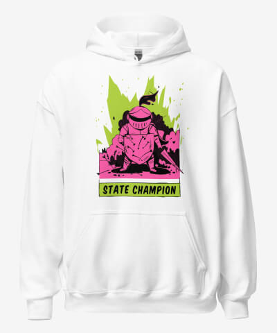 State Champion white hoodie RTS gaming apparel, medieval gaming clothing, D&D apparel