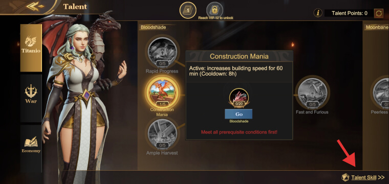 The Talents page and how to activate the talent skill