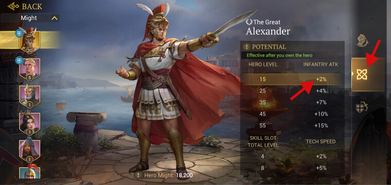 Alexander the Great, hero Potential Buffs