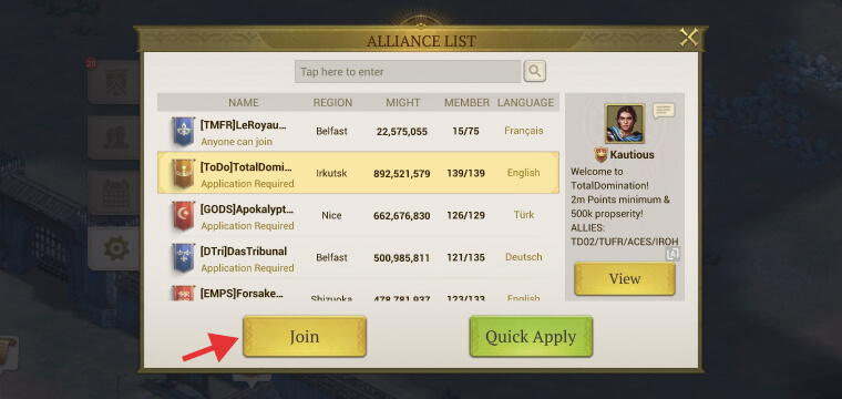 Alliance List Game of Empires, showing the Might level, the number of members and the language