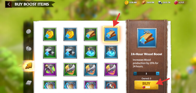 Buying a 24-hour Wood Boost item with gems in Call of Dragons