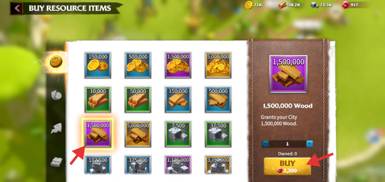 Buying resource items with gems