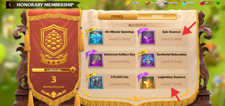 Call of Dragons Epic and Legendary Essences in the Honorary Membership Store