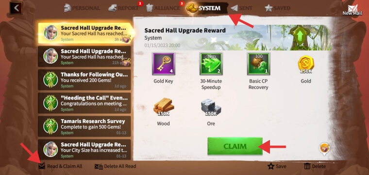 Call of Dragons mail resource rewards