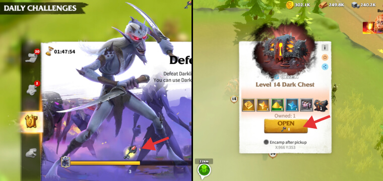 Defeat Darkling Legions challenge and using a dark chest key to get resource rewards