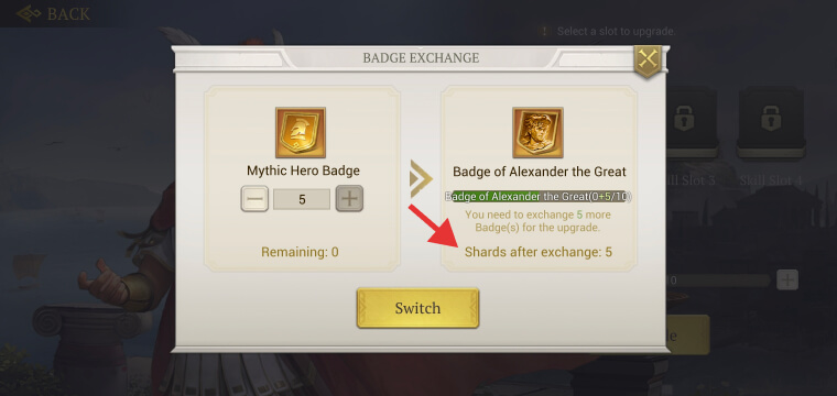 Exchanging Hero Mythic Badges for Legendary Hero Shards in Game of Empires