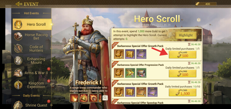 Game of Empires spending gold in Hero Scroll event