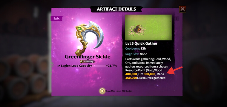 Greenfinger Sickle, Epic gathering Artifact benefits details in Call of Dragons