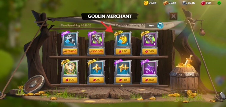 Purchasing a 24-hour Gold Boost item, for 120 Gems from Goblin Merchant deals in Call of Dragons