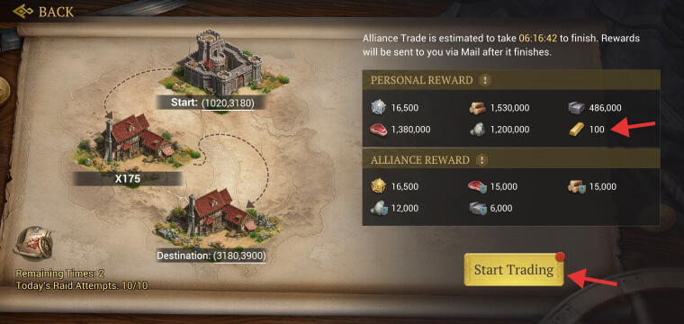 Gold reward preview on Alliance Trading in Game of Empires Warring Realms