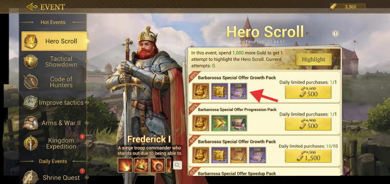 The Hero Scroll event with Barbarossa Hero Shards in Game of Empires