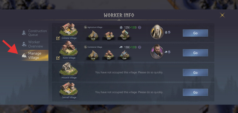 The Manage Village tab inside Worker Info