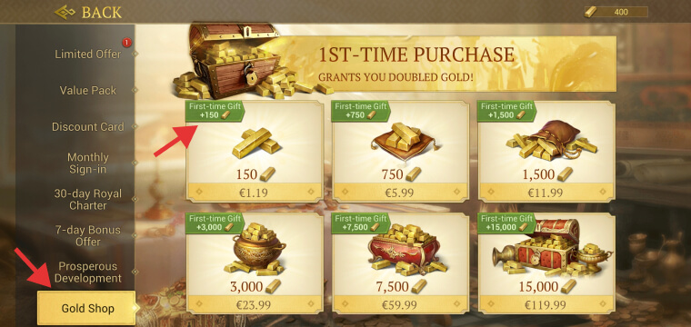 The Gold Shop in Game of Empires