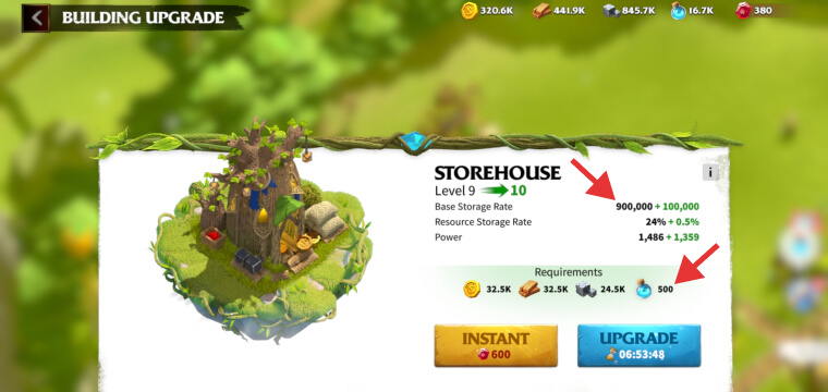 Upgrading the Storehouse to level 10, and a preview of the Base Storage Rate
