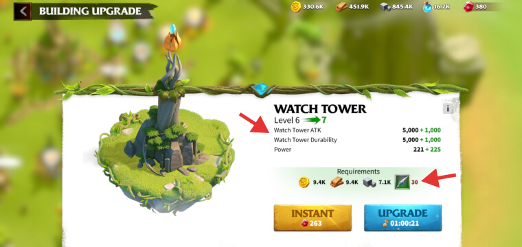 Upgrading the Watch Tower to level 7 in Call of Dragons
