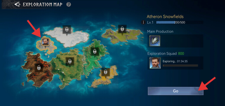 Viking Rise Exploration Map with its 7 material zones, and starting the encounter in the Atheron Snowfields