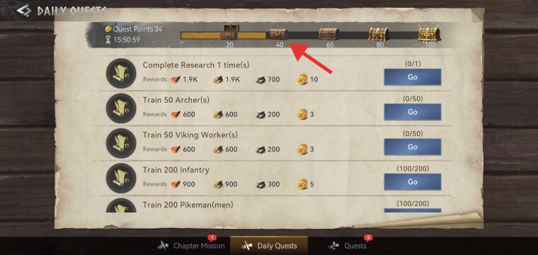 The Daily Quests tab in Viking Rise