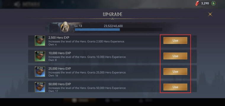 Using Hero EXP items to increase hero level