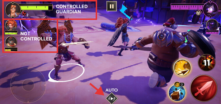 The auto button and how to control guardians during a combat