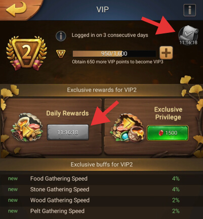 VIP level 2 buffs and rewards