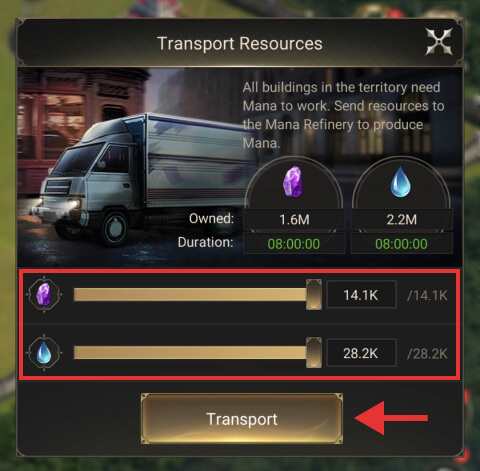 Transporting resources to Mana Refinery building
