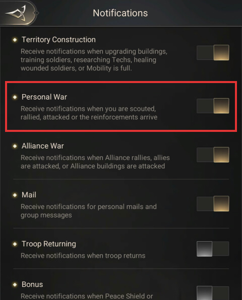 How to turn on the Personal War notifications step 2