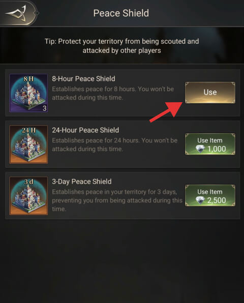 Using a Peace Shield from the Territory Bonus menu