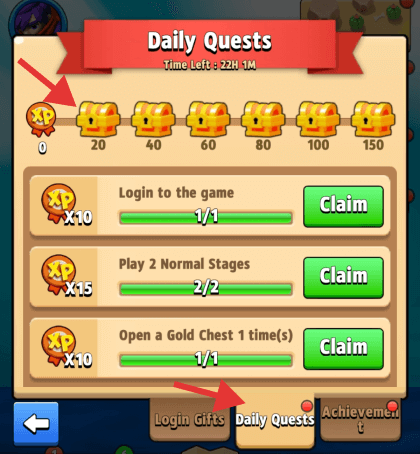 Archero Daily Quests, Daily Login Gift, and Achievements
