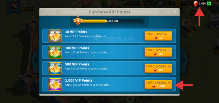 Purchasing VIP points with gems in Rise of Kingdoms