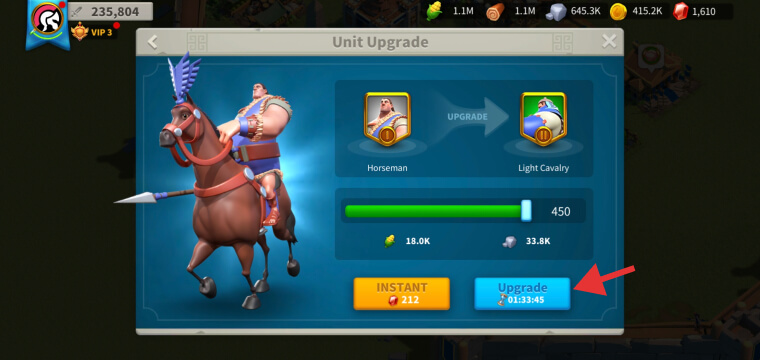 Upgrading cavalry troops in Rise of Kingdoms