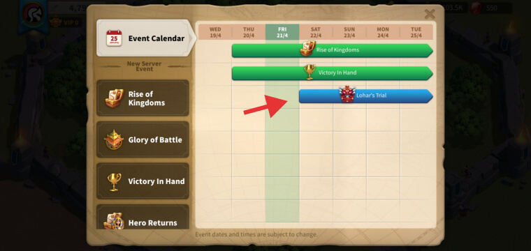 event calendar Rise of Kingdoms