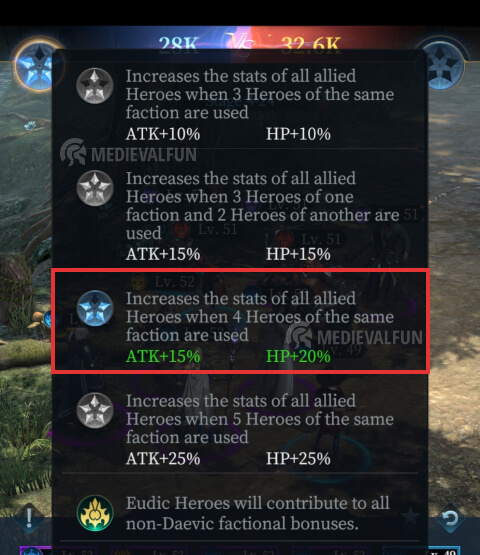 Same faction hero bonuses in Ever Legion
