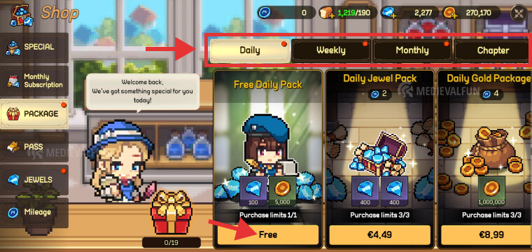 Shop Free Daily Jewels Pack in Unknown Knights: Pixel RPG